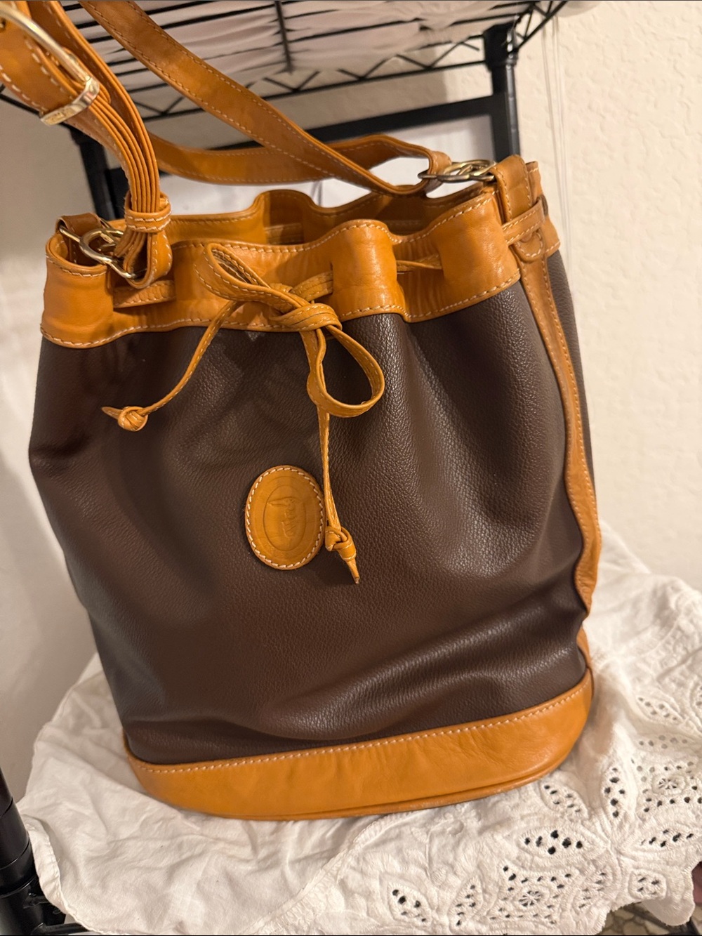 Trussardi Brown and Tan Leather Drawstring Shoulder Bag